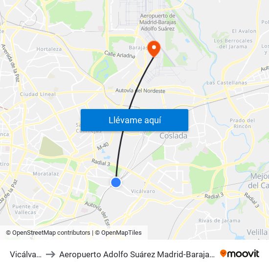 Vicálvaro to Aeropuerto Adolfo Suárez Madrid-Barajas T2 map