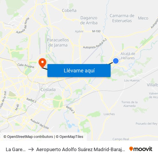 La Garena to Aeropuerto Adolfo Suárez Madrid-Barajas T2 map