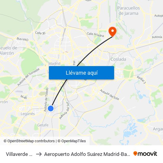 Villaverde Alto to Aeropuerto Adolfo Suárez Madrid-Barajas T2 map
