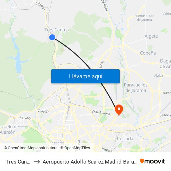 Tres Cantos to Aeropuerto Adolfo Suárez Madrid-Barajas T2 map