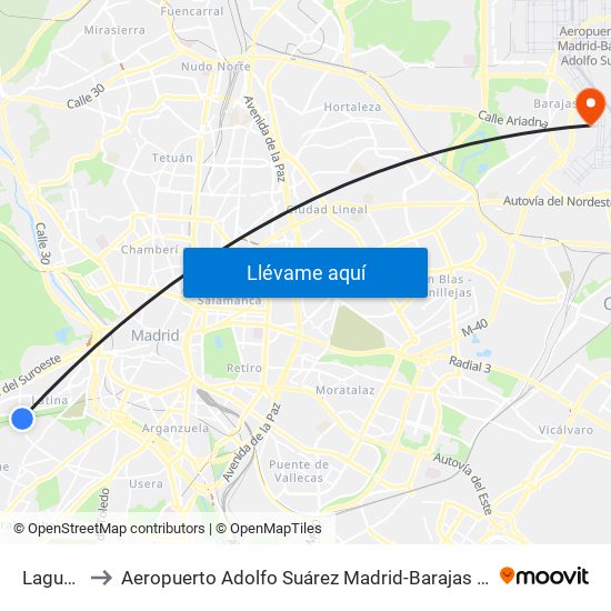 Laguna to Aeropuerto Adolfo Suárez Madrid-Barajas T2 map