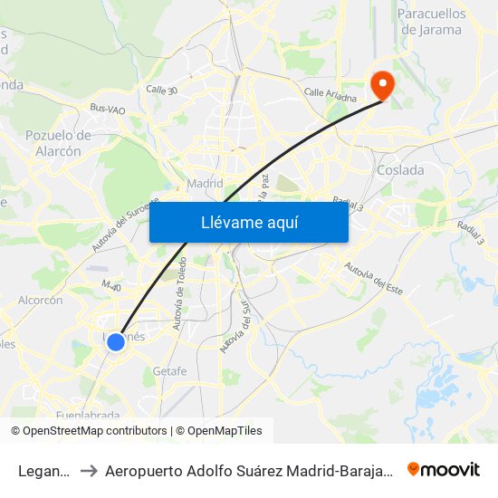 Leganés to Aeropuerto Adolfo Suárez Madrid-Barajas T2 map