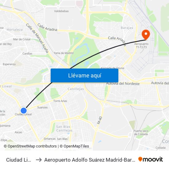Ciudad Lineal to Aeropuerto Adolfo Suárez Madrid-Barajas T2 map