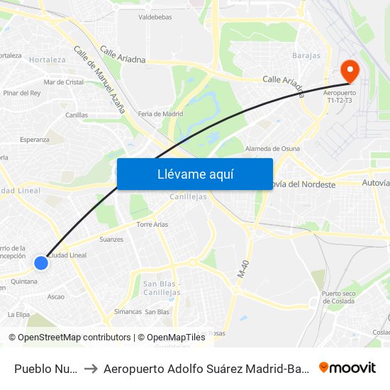 Pueblo Nuevo to Aeropuerto Adolfo Suárez Madrid-Barajas T2 map