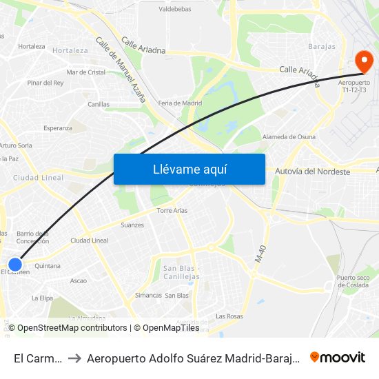 El Carmen to Aeropuerto Adolfo Suárez Madrid-Barajas T2 map
