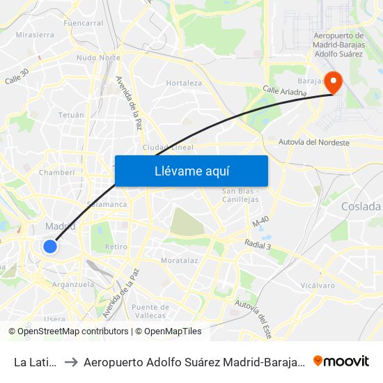 La Latina to Aeropuerto Adolfo Suárez Madrid-Barajas T2 map