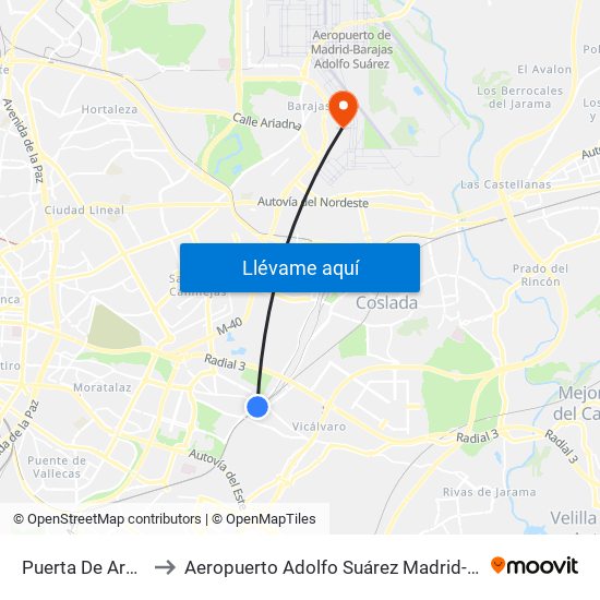 Puerta De Arganda to Aeropuerto Adolfo Suárez Madrid-Barajas T2 map