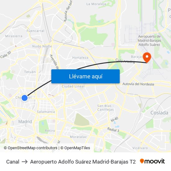 Canal to Aeropuerto Adolfo Suárez Madrid-Barajas T2 map