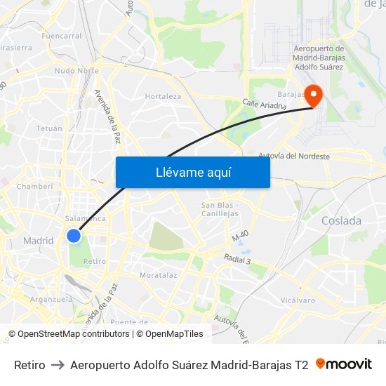 Retiro to Aeropuerto Adolfo Suárez Madrid-Barajas T2 map