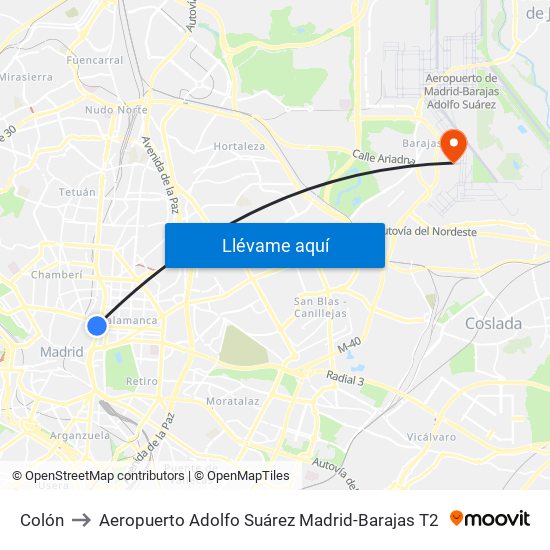 Colón to Aeropuerto Adolfo Suárez Madrid-Barajas T2 map
