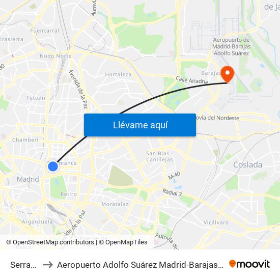 Serrano to Aeropuerto Adolfo Suárez Madrid-Barajas T2 map