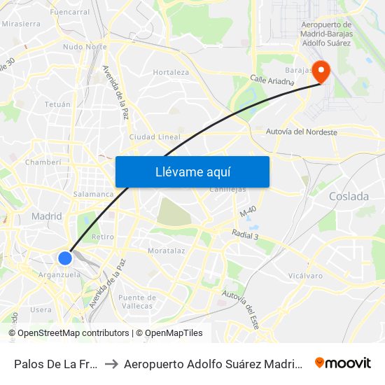 Palos De La Frontera to Aeropuerto Adolfo Suárez Madrid-Barajas T2 map