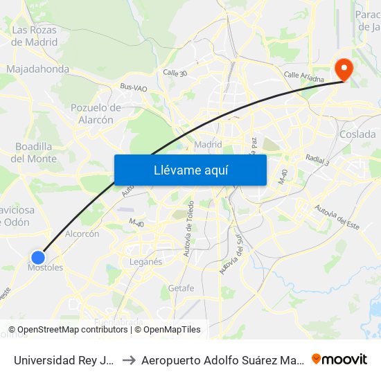 Universidad Rey Juan Carlos to Aeropuerto Adolfo Suárez Madrid-Barajas T2 map