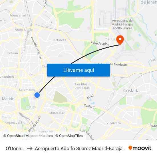 O'Donnell to Aeropuerto Adolfo Suárez Madrid-Barajas T2 map