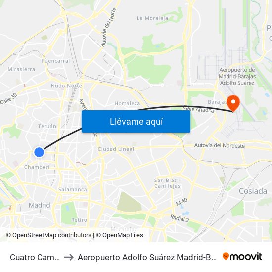Cuatro Caminos to Aeropuerto Adolfo Suárez Madrid-Barajas T2 map