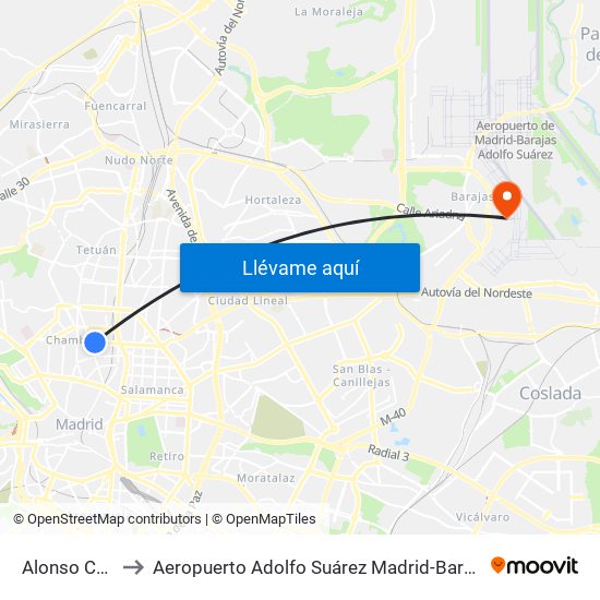 Alonso Cano to Aeropuerto Adolfo Suárez Madrid-Barajas T2 map