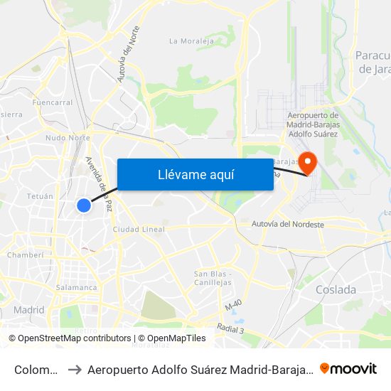 Colombia to Aeropuerto Adolfo Suárez Madrid-Barajas T2 map