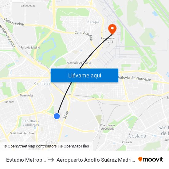 Estadio Metropolitano to Aeropuerto Adolfo Suárez Madrid-Barajas T2 map