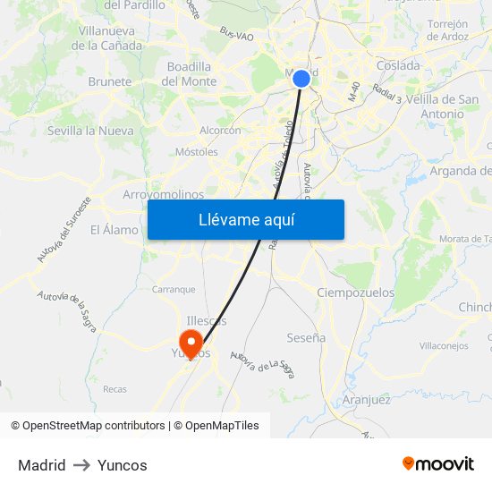 Madrid to Yuncos map