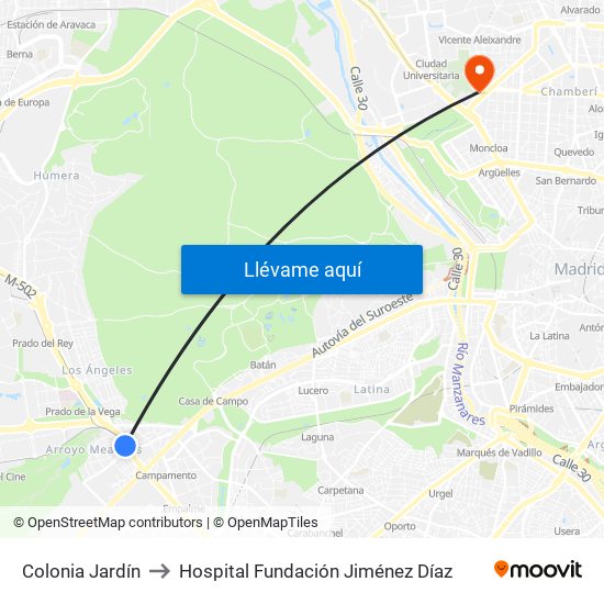 Colonia Jardín to Hospital Fundación Jiménez Díaz map