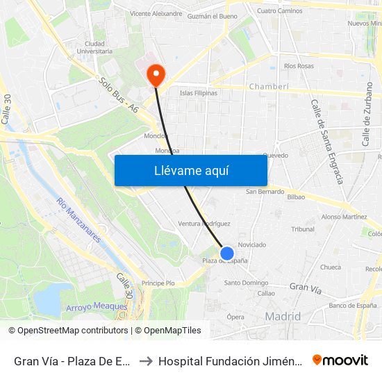 Gran Vía - Plaza De España to Hospital Fundación Jiménez Díaz map
