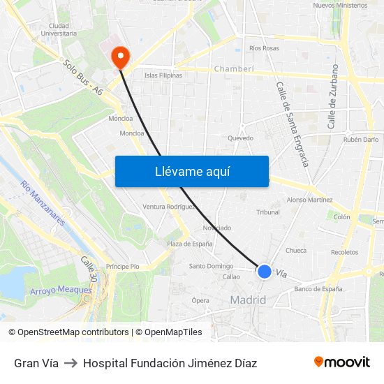 Gran Vía to Hospital Fundación Jiménez Díaz map