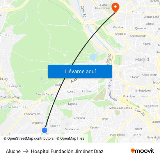 Aluche to Hospital Fundación Jiménez Díaz map
