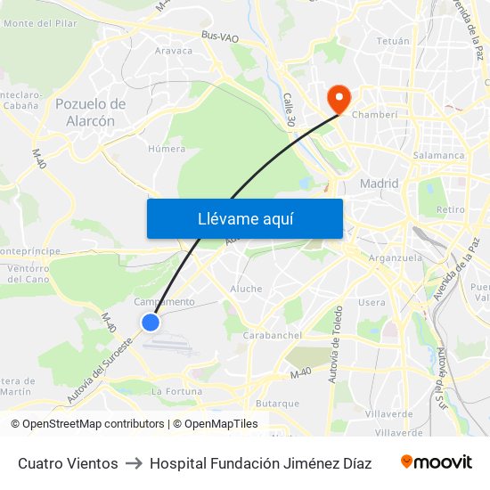 Cuatro Vientos to Hospital Fundación Jiménez Díaz map