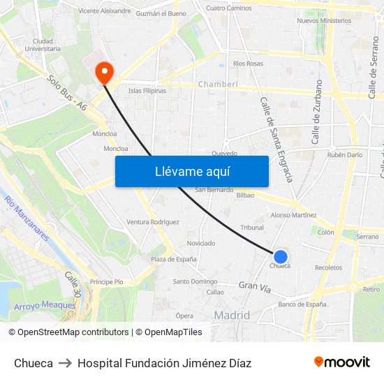 Chueca to Hospital Fundación Jiménez Díaz map