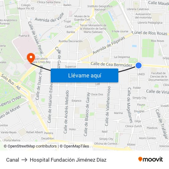 Canal to Hospital Fundación Jiménez Díaz map
