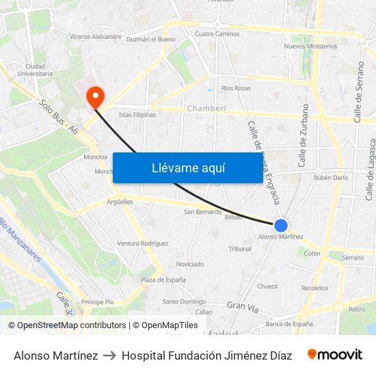 Alonso Martínez to Hospital Fundación Jiménez Díaz map