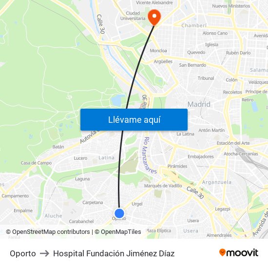 Oporto to Hospital Fundación Jiménez Díaz map