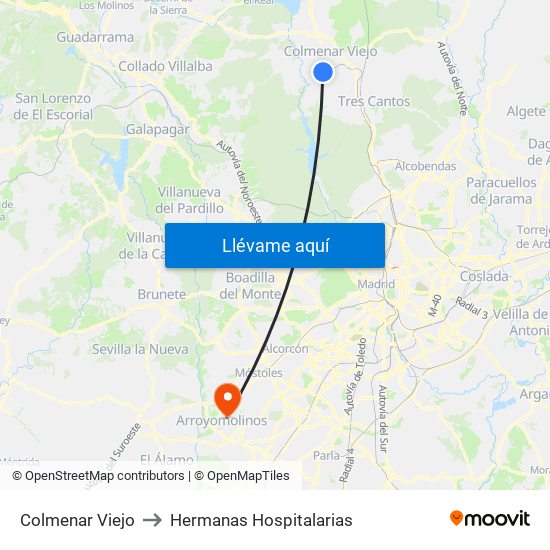Colmenar Viejo to Hermanas Hospitalarias map
