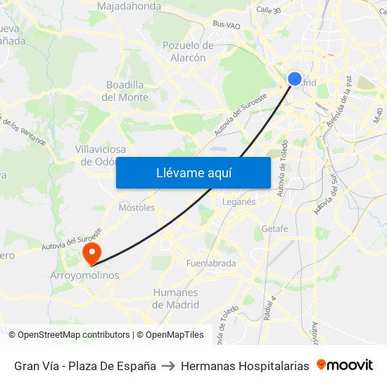Gran Vía - Plaza De España to Hermanas Hospitalarias map