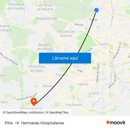 Pitis to Hermanas Hospitalarias map