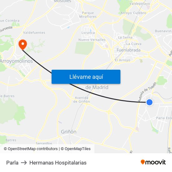 Parla to Hermanas Hospitalarias map