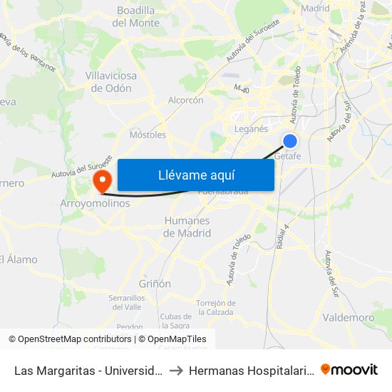 Las Margaritas - Universidad to Hermanas Hospitalarias map
