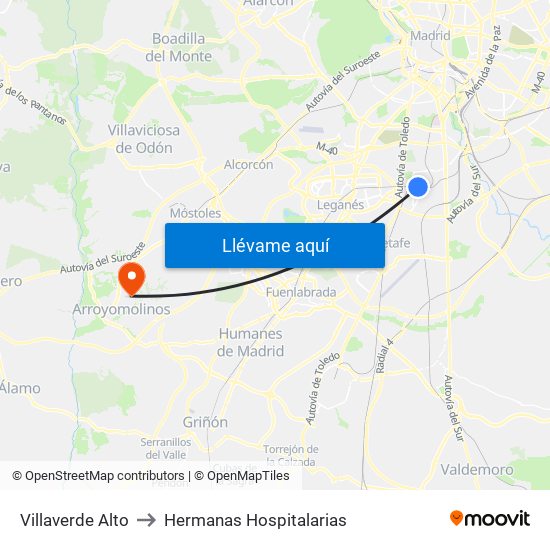 Villaverde Alto to Hermanas Hospitalarias map