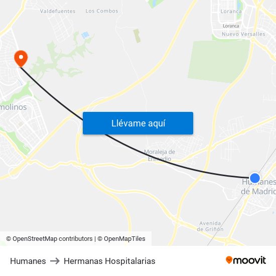 Humanes to Hermanas Hospitalarias map