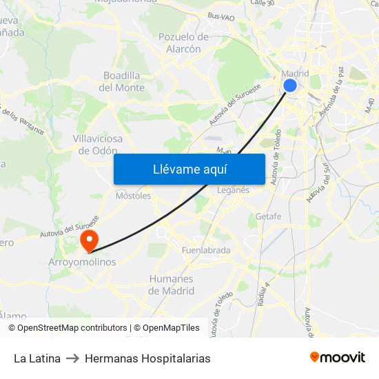 La Latina to Hermanas Hospitalarias map