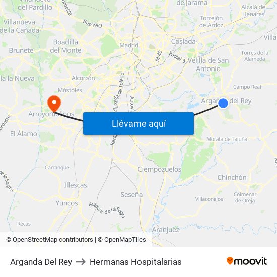 Arganda Del Rey to Hermanas Hospitalarias map