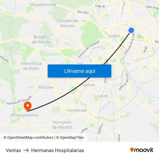 Ventas to Hermanas Hospitalarias map