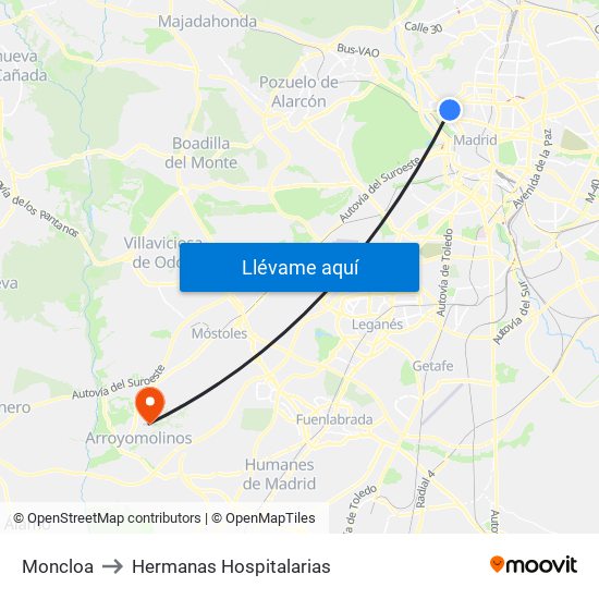Moncloa to Hermanas Hospitalarias map