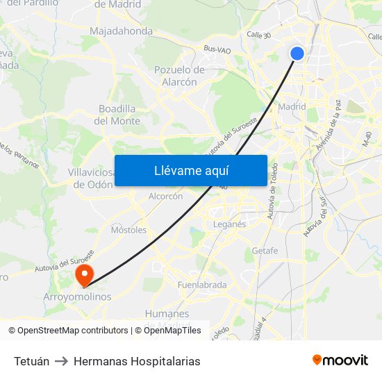 Tetuán to Hermanas Hospitalarias map