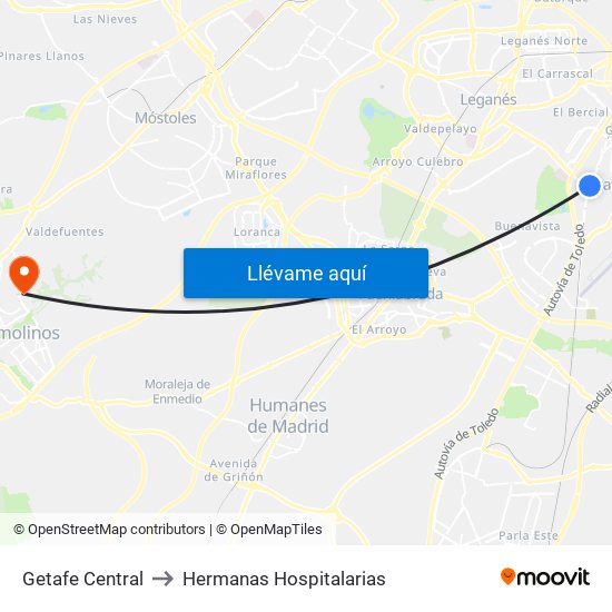 Getafe Central to Hermanas Hospitalarias map