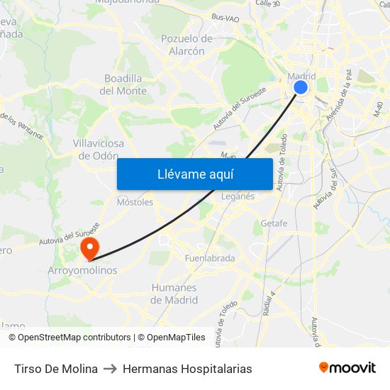 Tirso De Molina to Hermanas Hospitalarias map