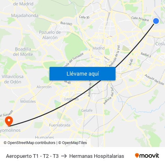 Aeropuerto T1 - T2 - T3 to Hermanas Hospitalarias map