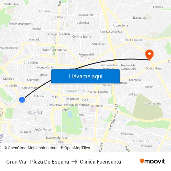 Gran Vía - Plaza De España to Clínica Fuensanta map