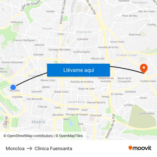 Moncloa to Clínica Fuensanta map
