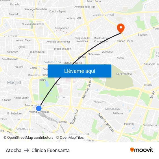 Atocha to Clínica Fuensanta map